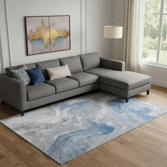 Blue Gray And Ivory Abstract Washable Area Rug With UV Protection Photo 2
