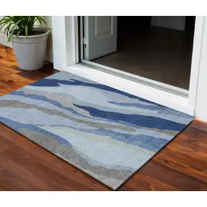 Photo of Blue Gray And Ivory Abstract Washable Indoor Outdoor Area Rug