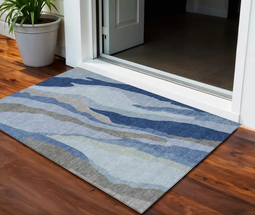 Blue Gray And Ivory Abstract Washable Indoor Outdoor Area Rug Photo 1