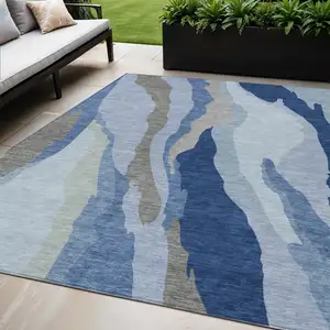 Photo of Blue Gray And Ivory Abstract Washable Indoor Outdoor Area Rug