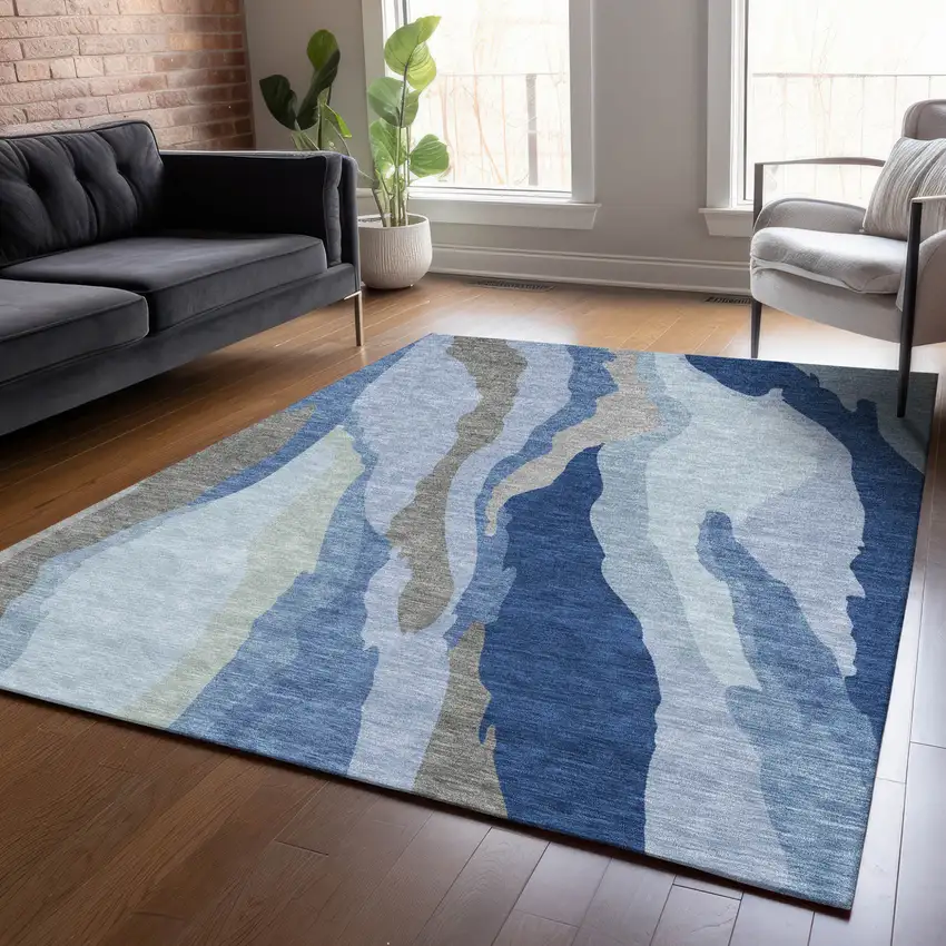 Blue Gray And Ivory Abstract Washable Indoor Outdoor Area Rug Photo 8