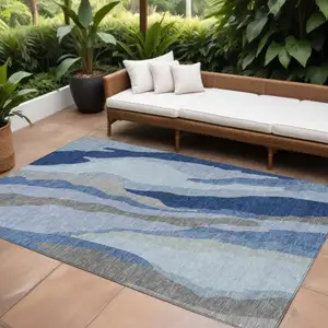 Photo of Blue Gray And Ivory Abstract Washable Indoor Outdoor Area Rug