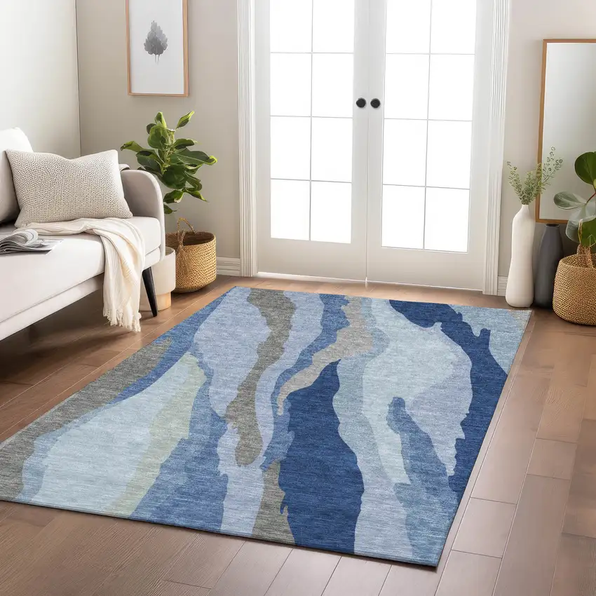 Blue Gray And Ivory Abstract Washable Indoor Outdoor Area Rug Photo 9