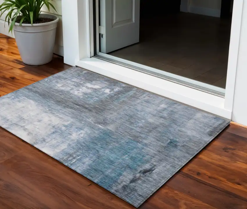 Blue Gray And Ivory Abstract Washable Indoor Outdoor Area Rug Photo 1