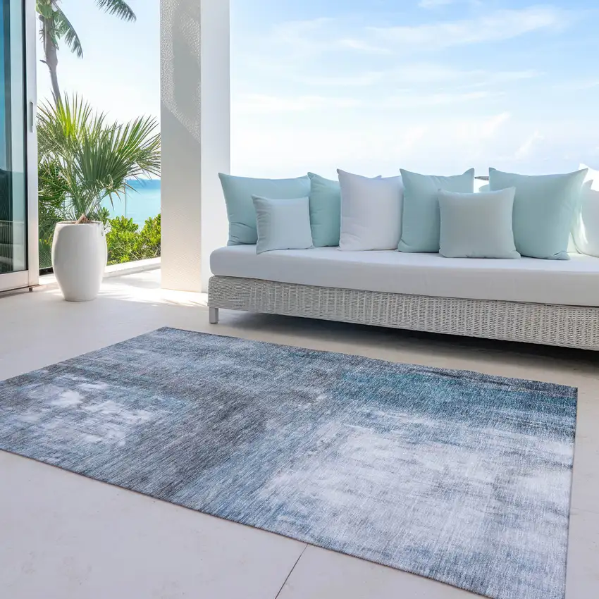 Blue Gray And Ivory Abstract Washable Indoor Outdoor Area Rug Photo 7