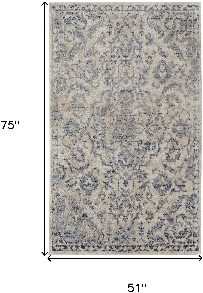 Blue Gray And Ivory Floral Power Loom Distressed Area Rug Photo 10