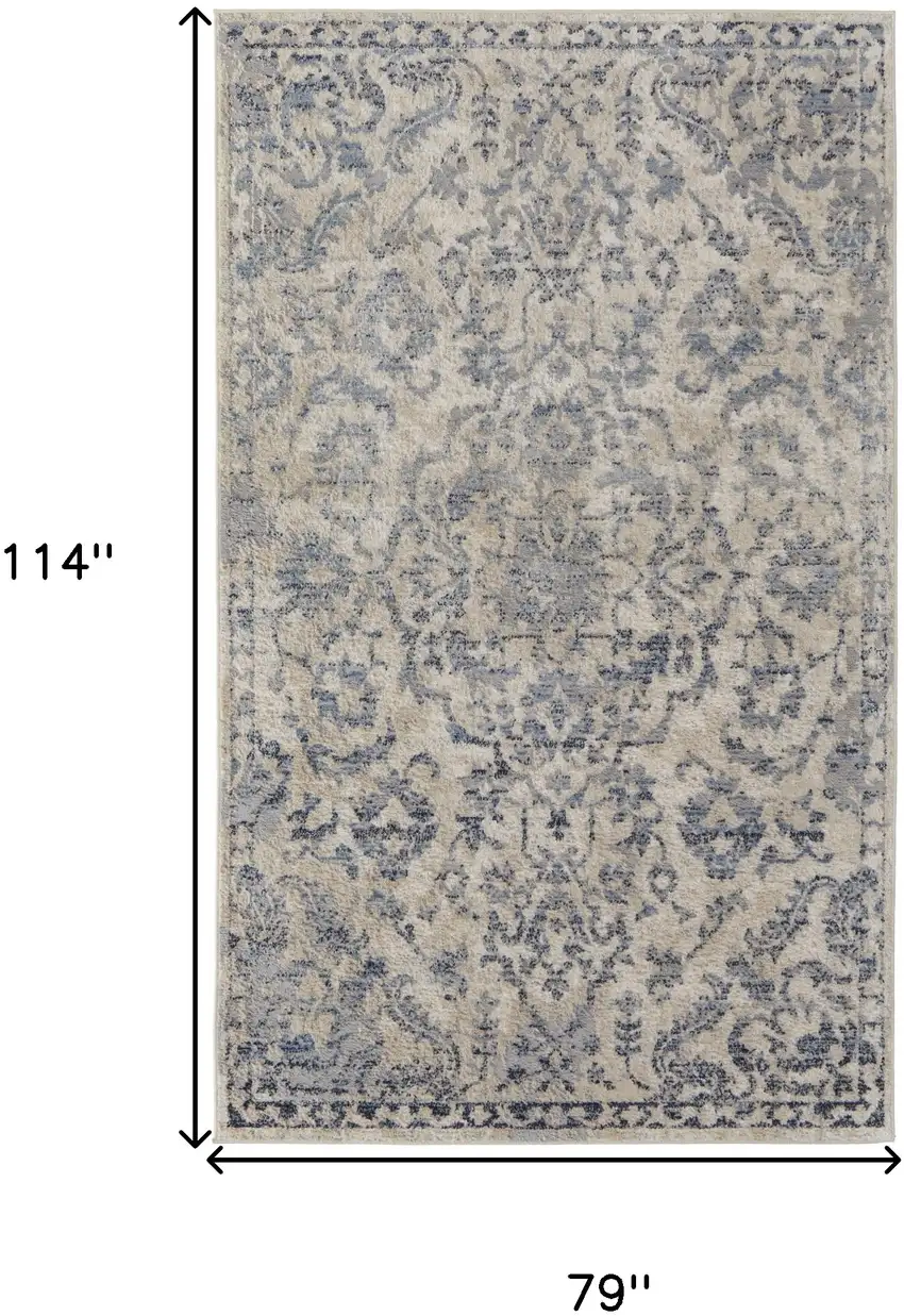 Blue Gray And Ivory Floral Power Loom Distressed Area Rug Photo 10