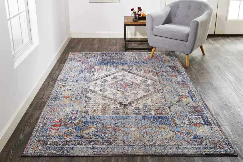Blue Gray And Ivory Floral Stain Resistant Area Rug Photo 9