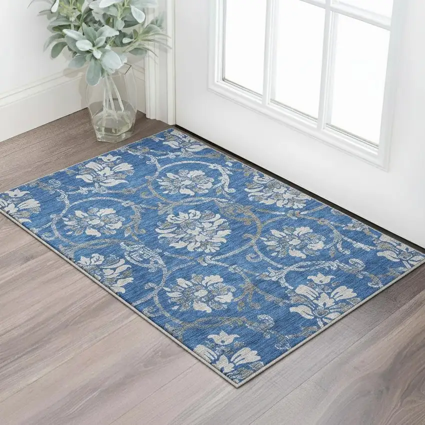 Blue Gray And Ivory Floral Washable Area Rug With UV Protection Photo 2