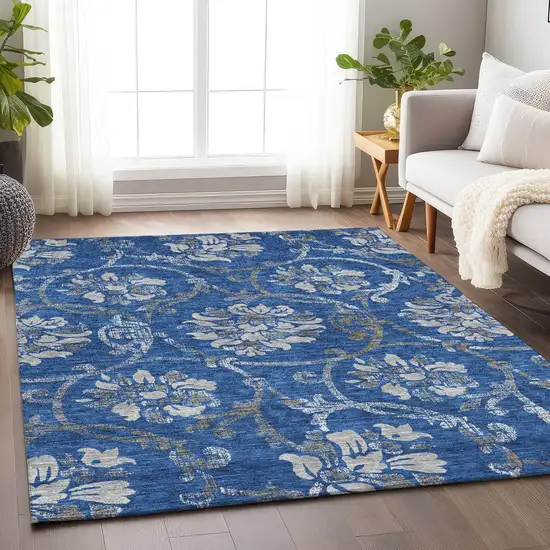 Blue Gray And Ivory Floral Washable Area Rug With UV Protection Photo 5