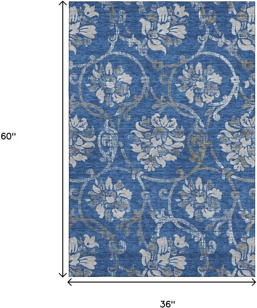 Blue Gray And Ivory Floral Washable Area Rug With UV Protection Photo 3