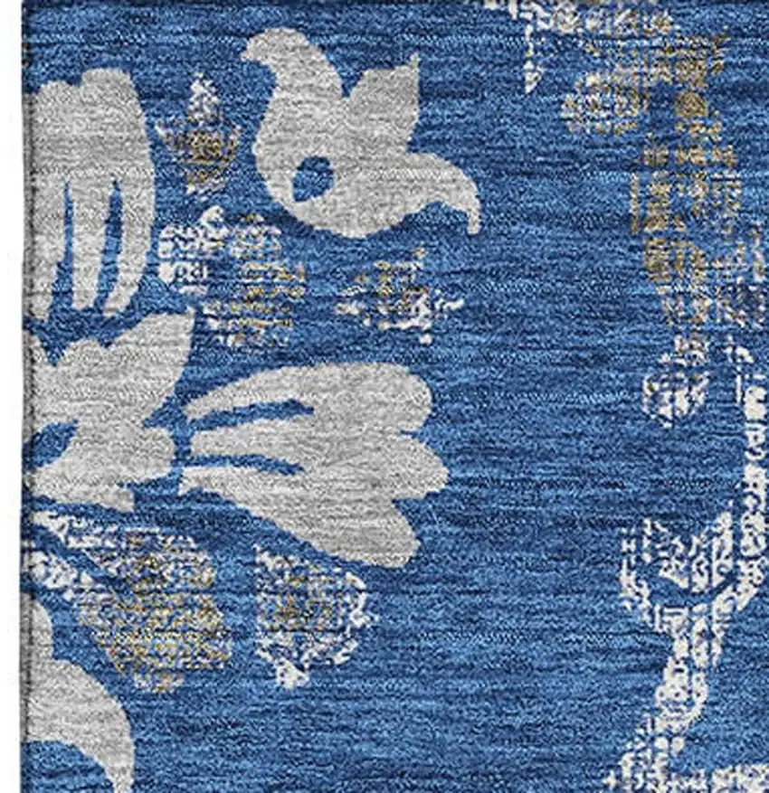Blue Gray And Ivory Floral Washable Area Rug With UV Protection Photo 4