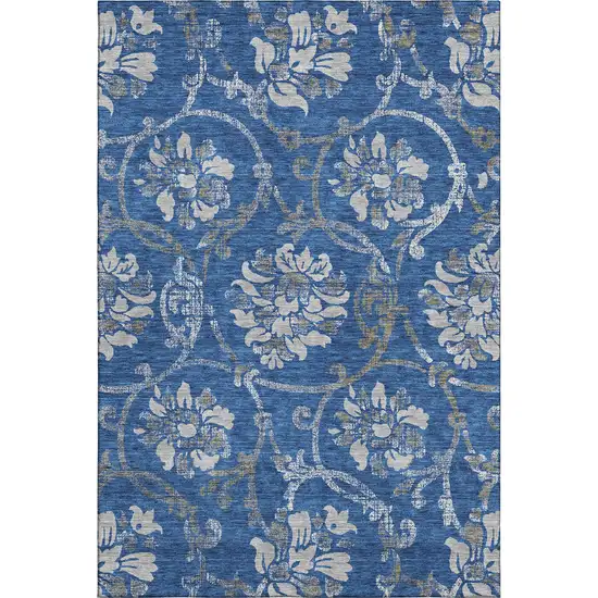 Blue Gray And Ivory Floral Washable Area Rug With UV Protection Photo 1