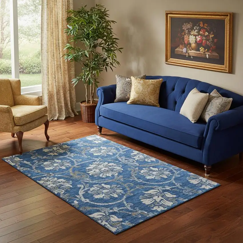 Blue Gray And Ivory Floral Washable Area Rug With UV Protection Photo 1