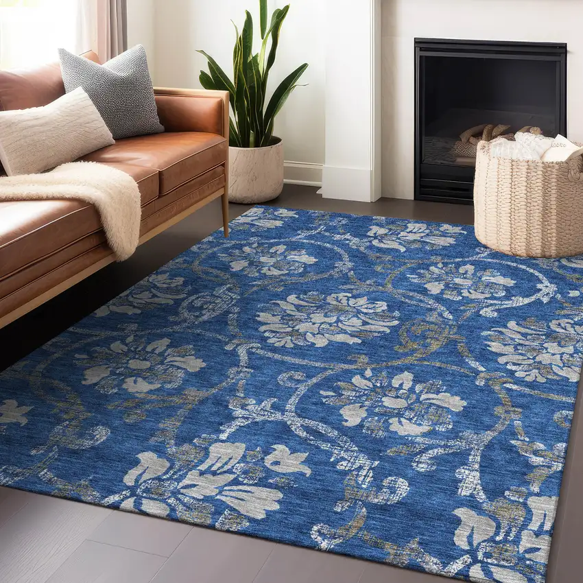 Blue Gray And Ivory Floral Washable Area Rug With UV Protection Photo 5
