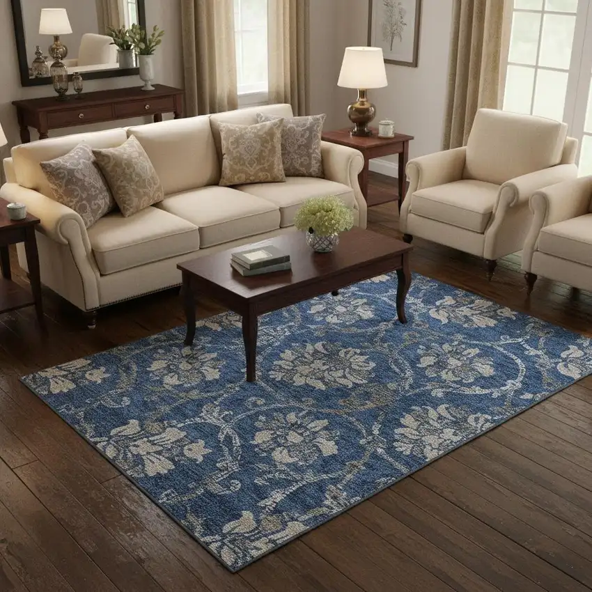 Blue Gray And Ivory Floral Washable Area Rug With UV Protection Photo 2