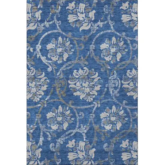 Blue Gray And Ivory Floral Washable Area Rug With UV Protection Photo 3