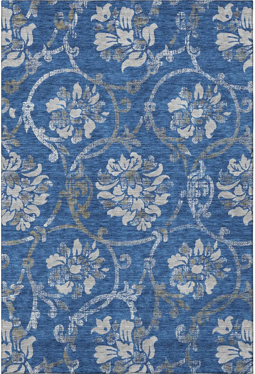 Blue Gray And Ivory Floral Washable Area Rug With UV Protection Photo 3