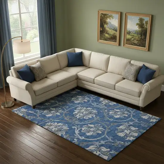 Blue Gray And Ivory Floral Washable Area Rug With UV Protection Photo 1