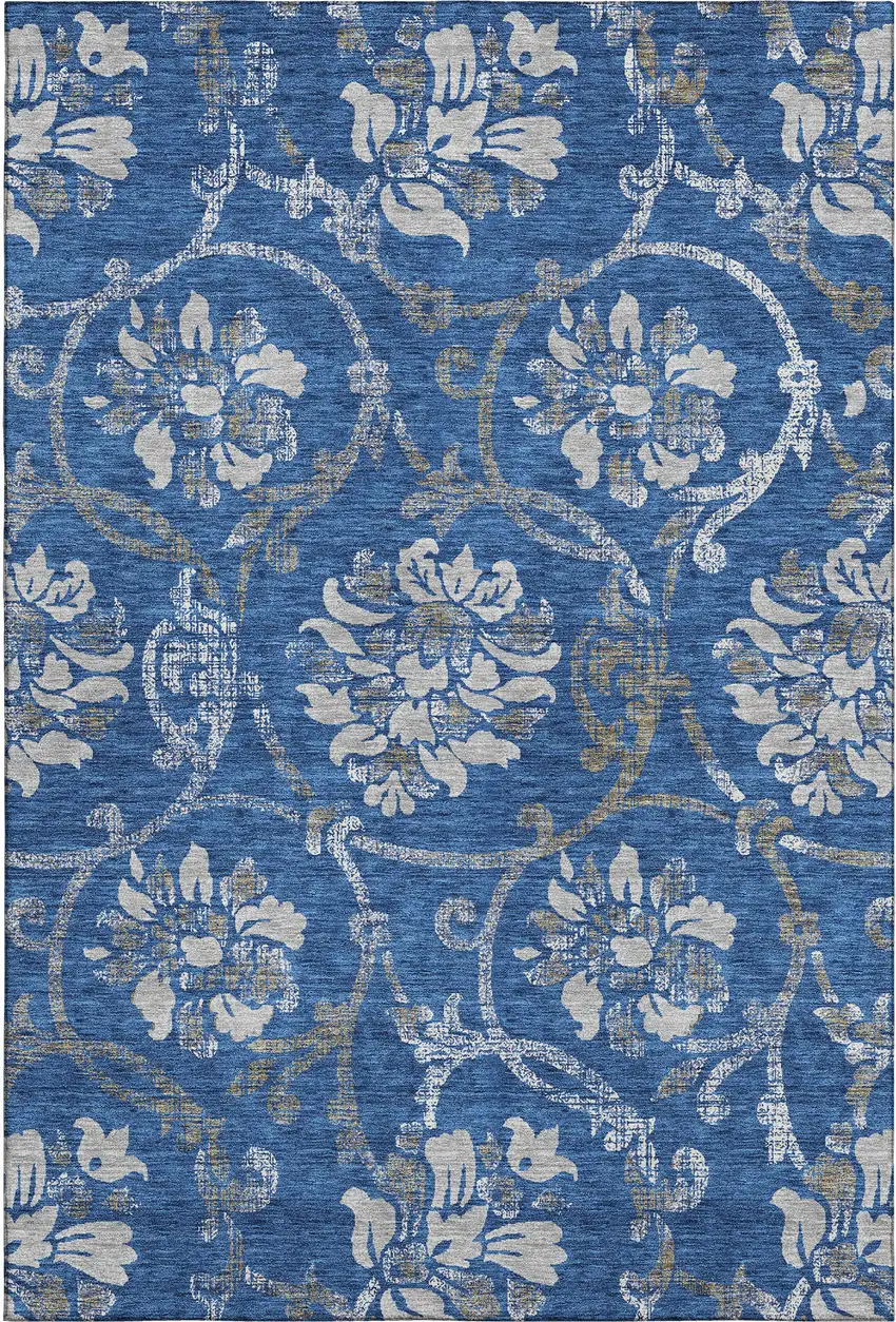 Blue Gray And Ivory Floral Washable Area Rug With UV Protection Photo 1