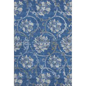 Photo of Blue Gray And Ivory Floral Washable Area Rug With UV Protection