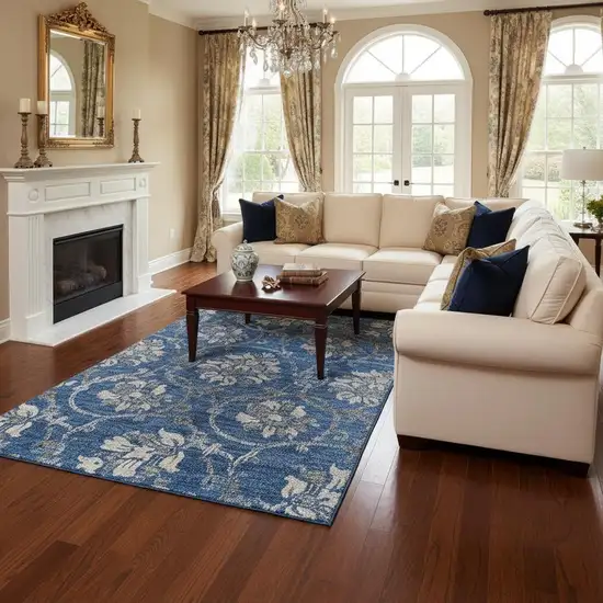 Blue Gray And Ivory Floral Washable Area Rug With UV Protection Photo 2