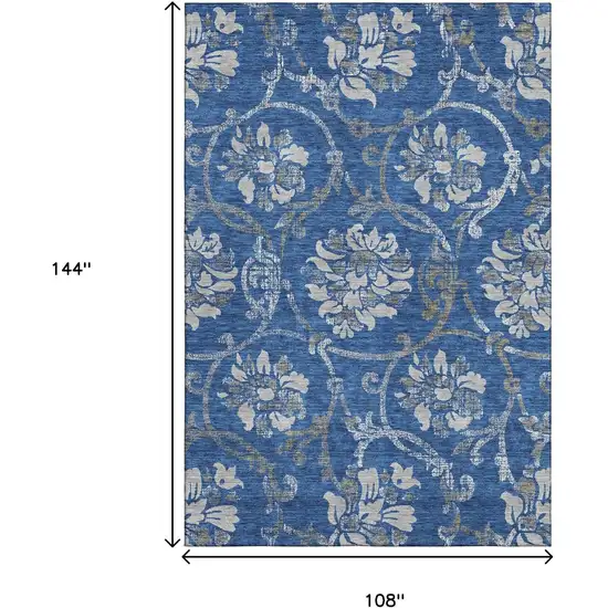 Blue Gray And Ivory Floral Washable Area Rug With UV Protection Photo 3