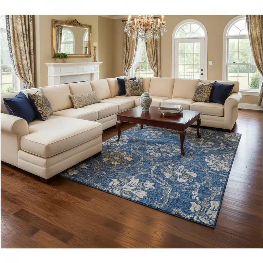 Blue Gray And Ivory Floral Washable Area Rug With UV Protection Photo 2