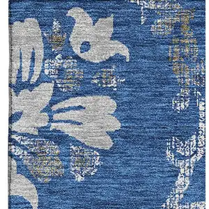 Photo of Blue Gray And Ivory Floral Washable Area Rug With UV Protection