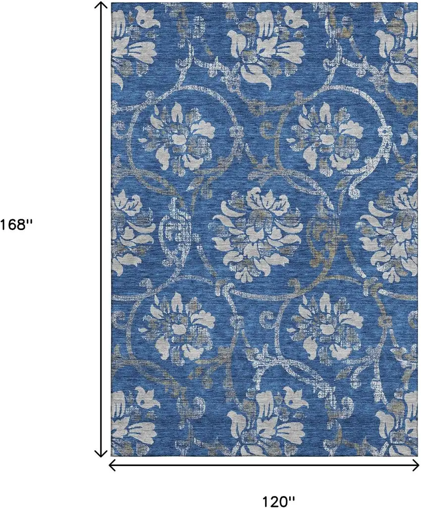 Blue Gray And Ivory Floral Washable Area Rug With UV Protection Photo 3