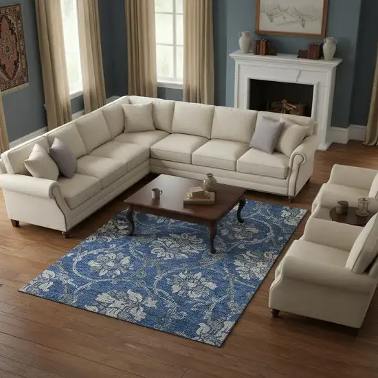 Blue Gray And Ivory Floral Washable Area Rug With UV Protection Photo 2