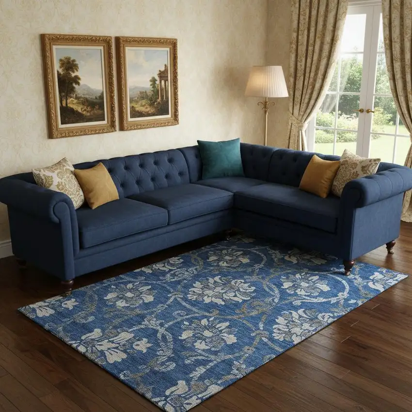 Blue Gray And Ivory Floral Washable Area Rug With UV Protection Photo 1