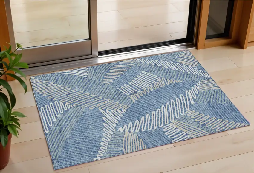 Blue Gray And Ivory Floral Washable Indoor Outdoor Area Rug Photo 1