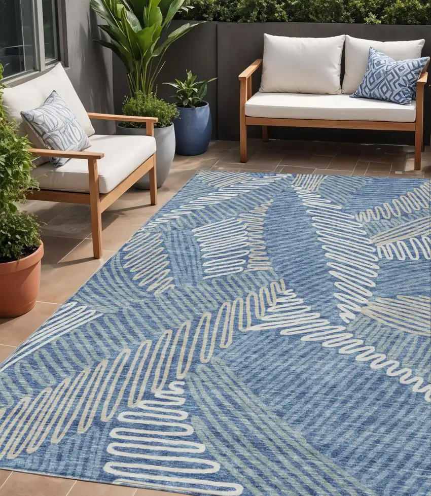 Blue Gray And Ivory Floral Washable Indoor Outdoor Area Rug Photo 1