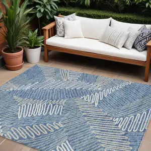 Photo of Blue Gray And Ivory Floral Washable Indoor Outdoor Area Rug