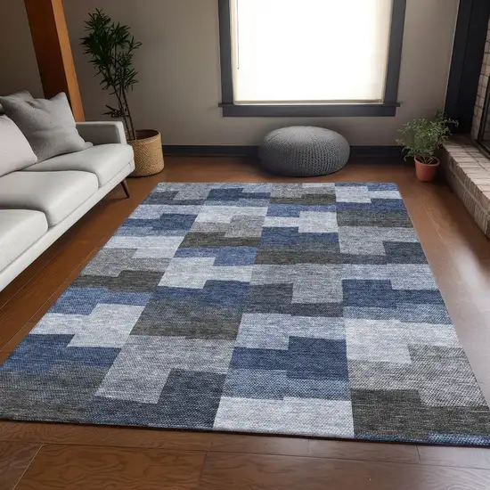 Blue Gray And Ivory Geometric Washable Area Rug With UV Protection Photo 4