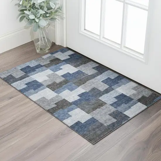 Blue Gray And Ivory Geometric Washable Area Rug With UV Protection Photo 1