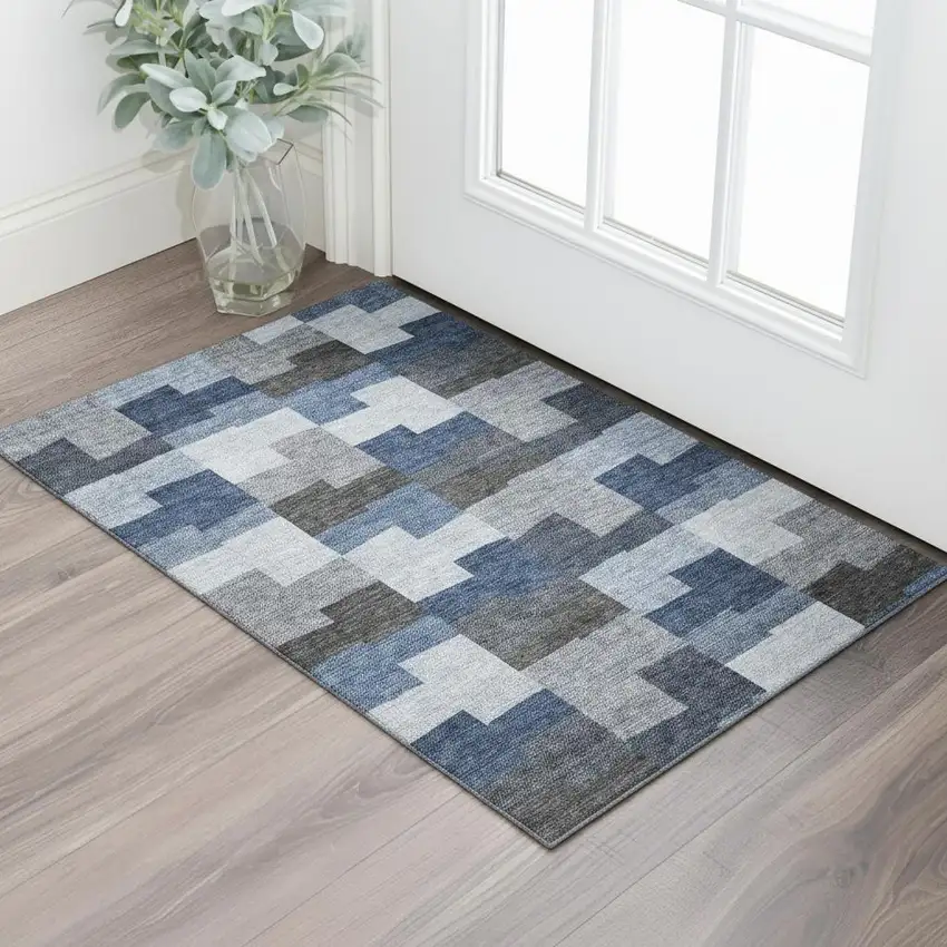 Blue Gray And Ivory Geometric Washable Area Rug With UV Protection Photo 1