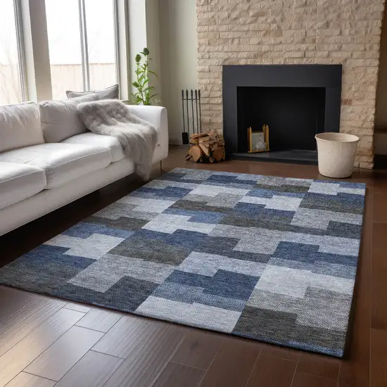 Blue Gray And Ivory Geometric Washable Area Rug With UV Protection Photo 5
