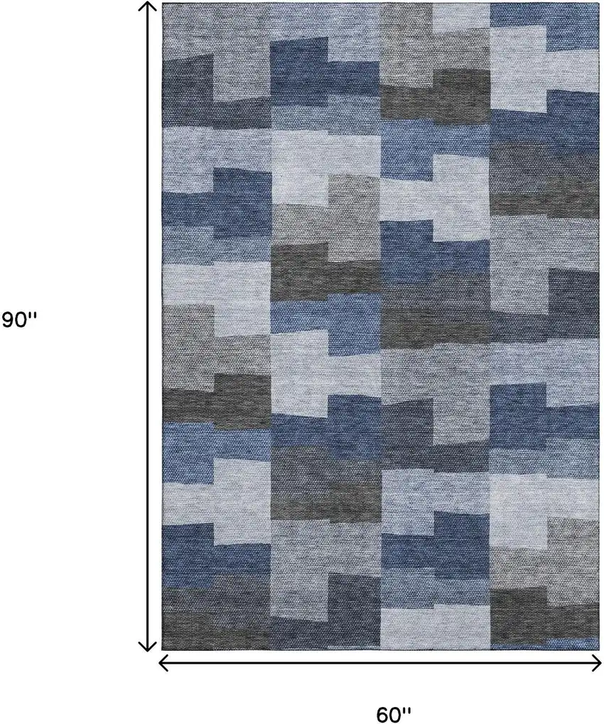 Blue Gray And Ivory Geometric Washable Area Rug With UV Protection Photo 3