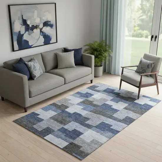 Blue Gray And Ivory Geometric Washable Area Rug With UV Protection Photo 1