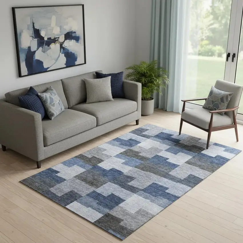 Blue Gray And Ivory Geometric Washable Area Rug With UV Protection Photo 1