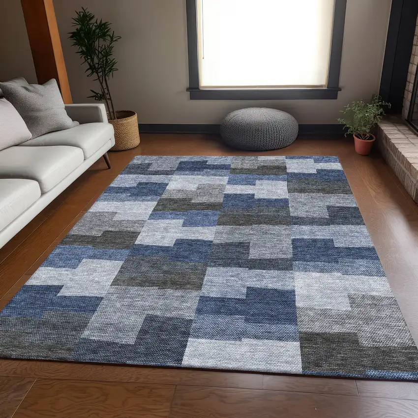 Blue Gray And Ivory Geometric Washable Area Rug With UV Protection Photo 4