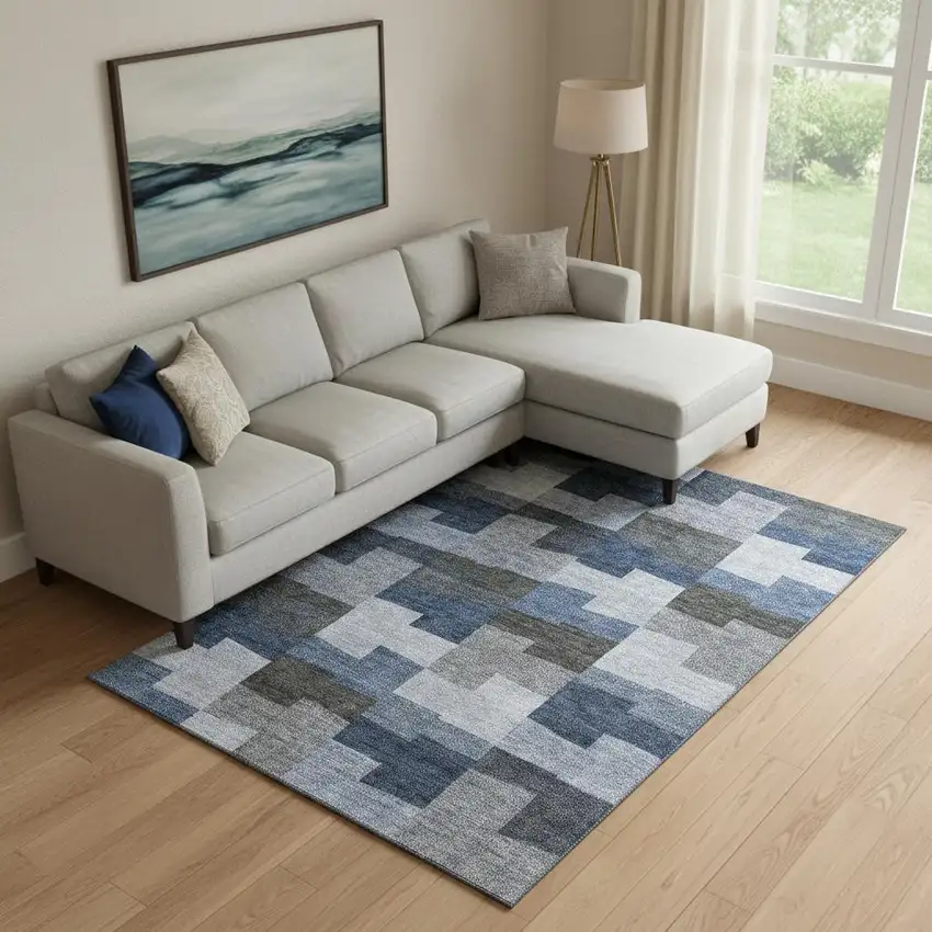 Blue Gray And Ivory Geometric Washable Area Rug With UV Protection Photo 1
