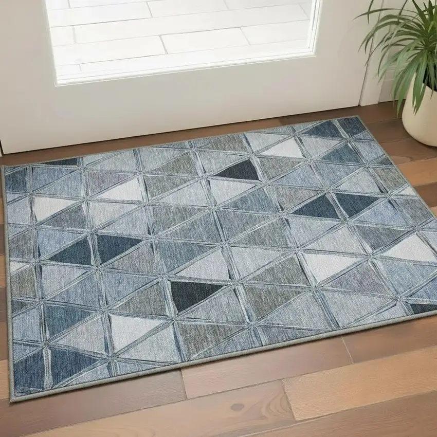 Blue Gray And Ivory Geometric Washable Area Rug With UV Protection Photo 2