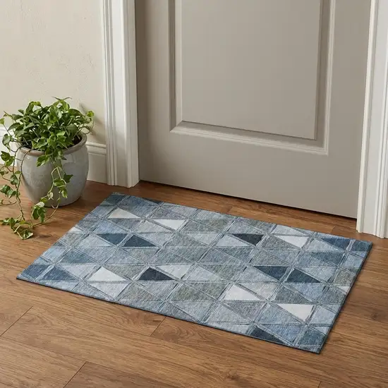 Blue Gray And Ivory Geometric Washable Area Rug With UV Protection Photo 1