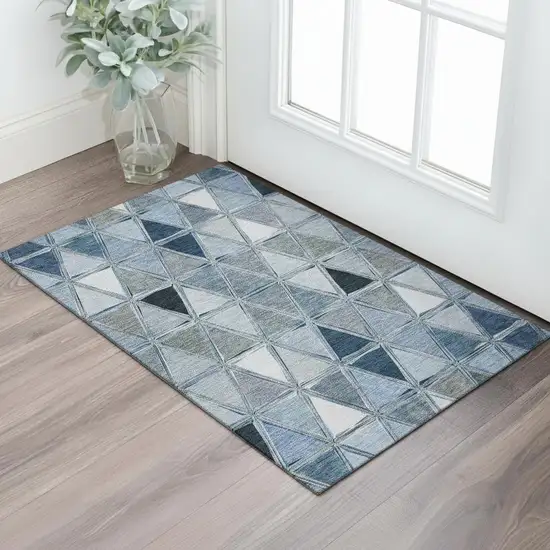 Blue Gray And Ivory Geometric Washable Area Rug With UV Protection Photo 2