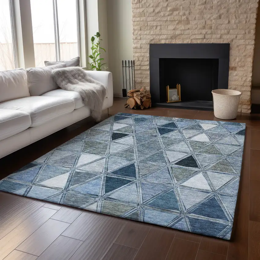 Blue Gray And Ivory Geometric Washable Area Rug With UV Protection Photo 6