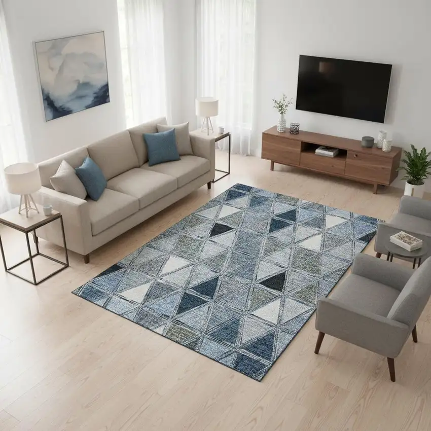Blue Gray And Ivory Geometric Washable Area Rug With UV Protection Photo 1