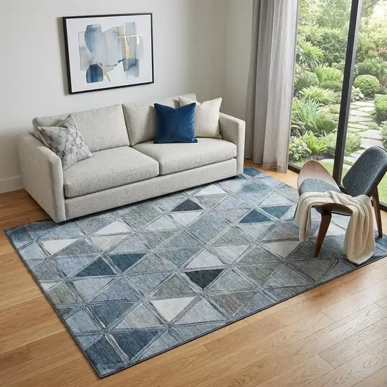Blue Gray And Ivory Geometric Washable Area Rug With UV Protection Photo 1